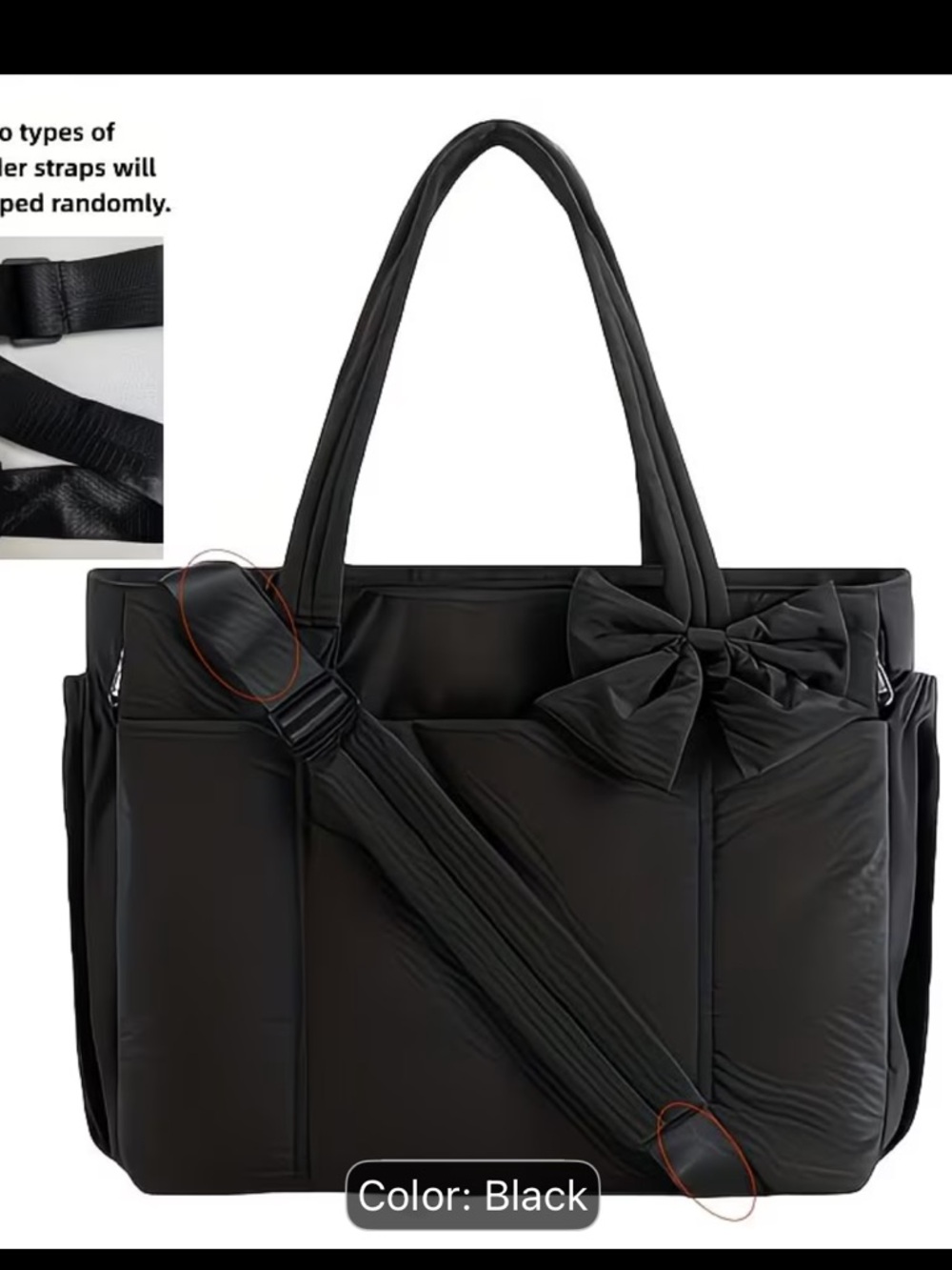 Black Quilted Tote Bag with Bow Accent - Women Bags